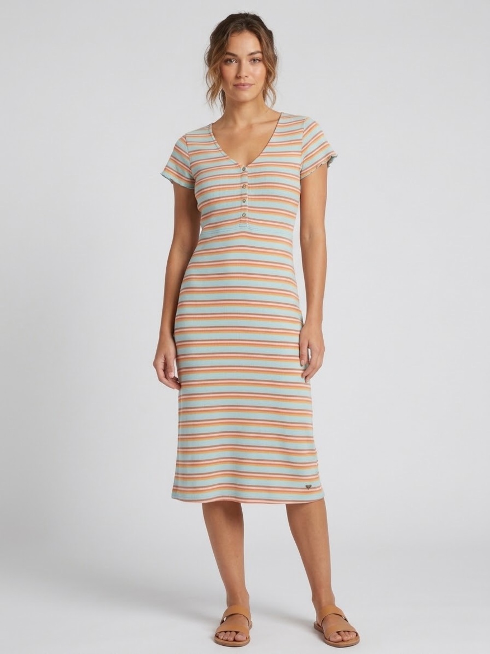 ROXY Striped Short Sleeve Henley Midi Dress Ribbed Knit V Neck Fitted Coastal